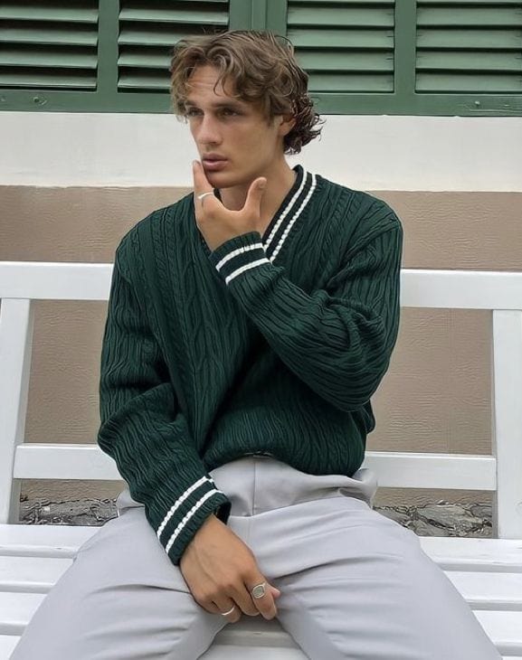 Cable Knit V-Neck Varsity Sweater for Men | Jeffrey