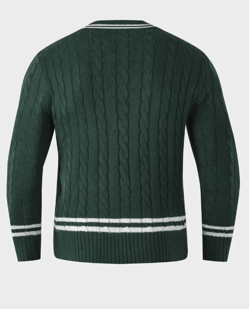 Cable Knit V-Neck Varsity Sweater for Men | Jeffrey
