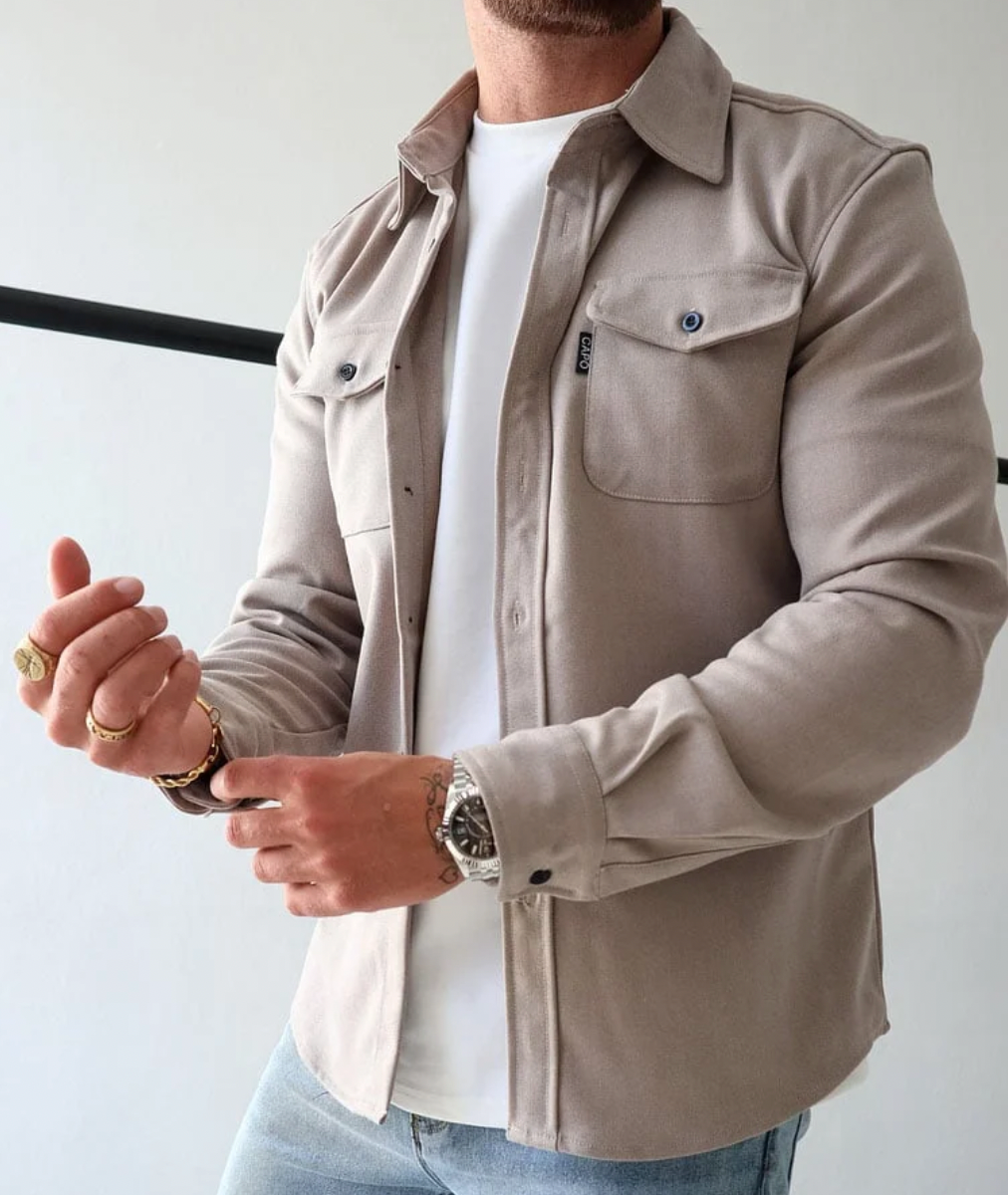Casual Long-Sleeve Button-Up Shirt with Chest Pockets for Men | Theo