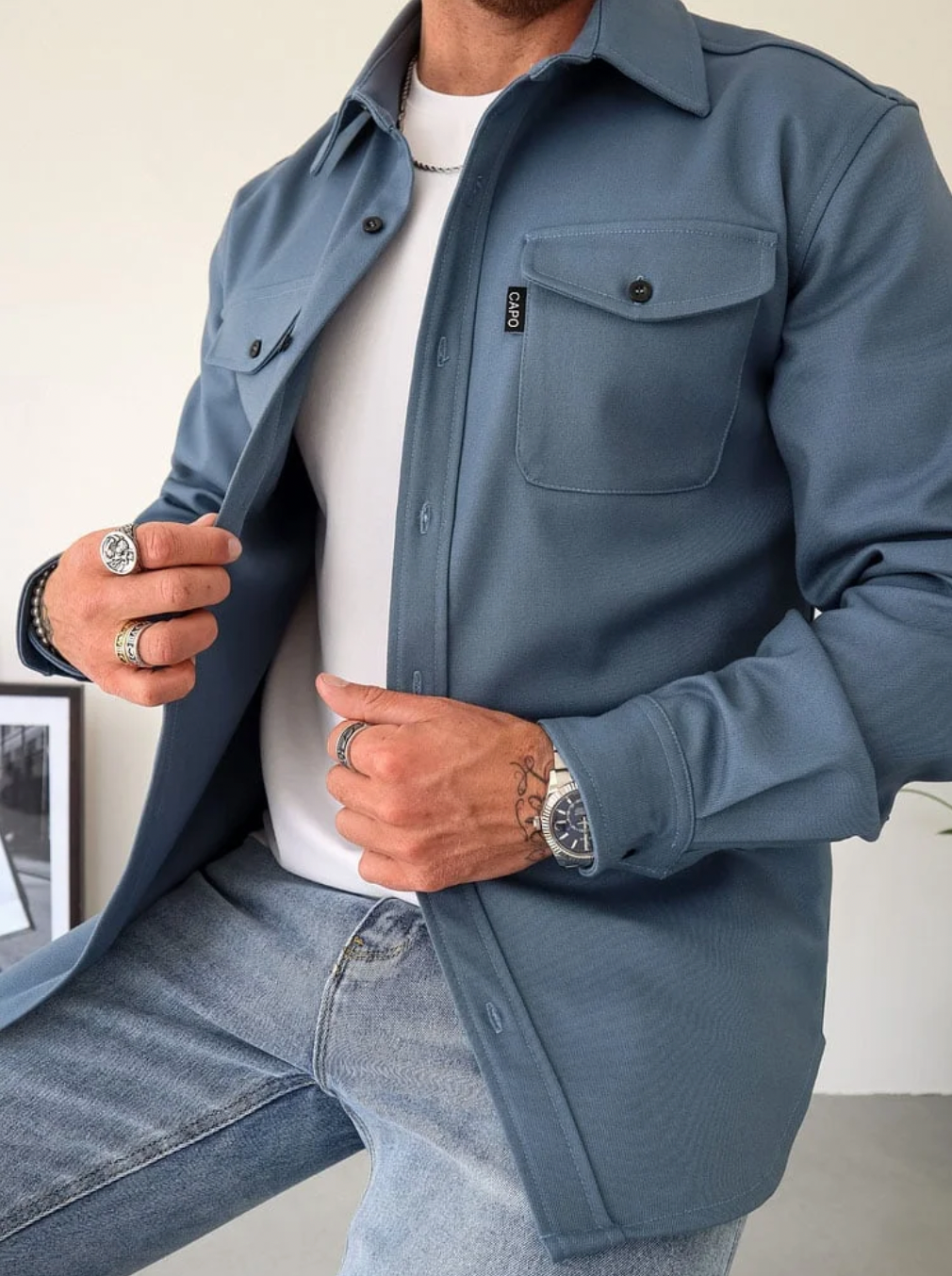 Casual Long-Sleeve Button-Up Shirt with Chest Pockets for Men | Theo