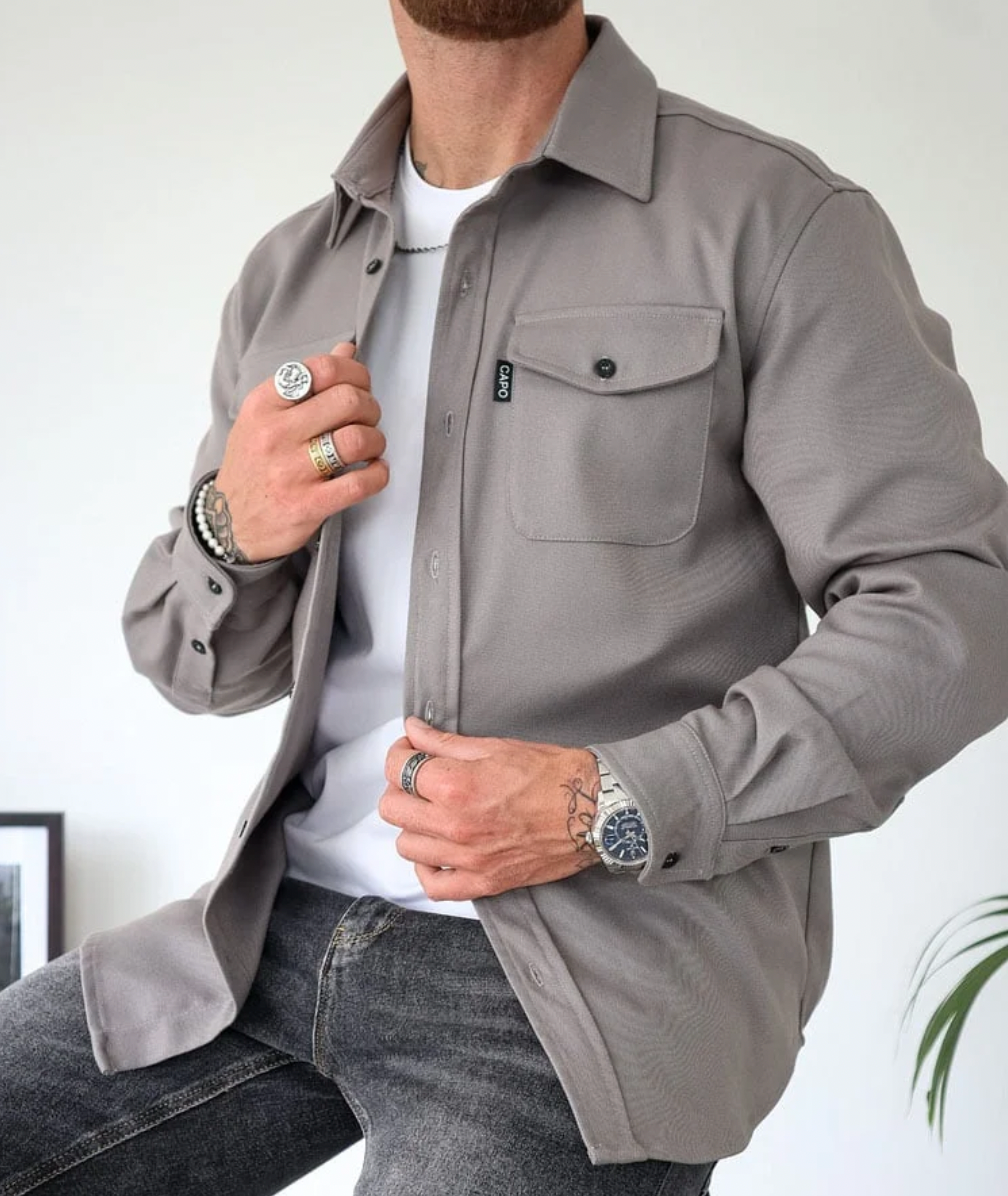 Casual Long-Sleeve Button-Up Shirt with Chest Pockets for Men | Theo