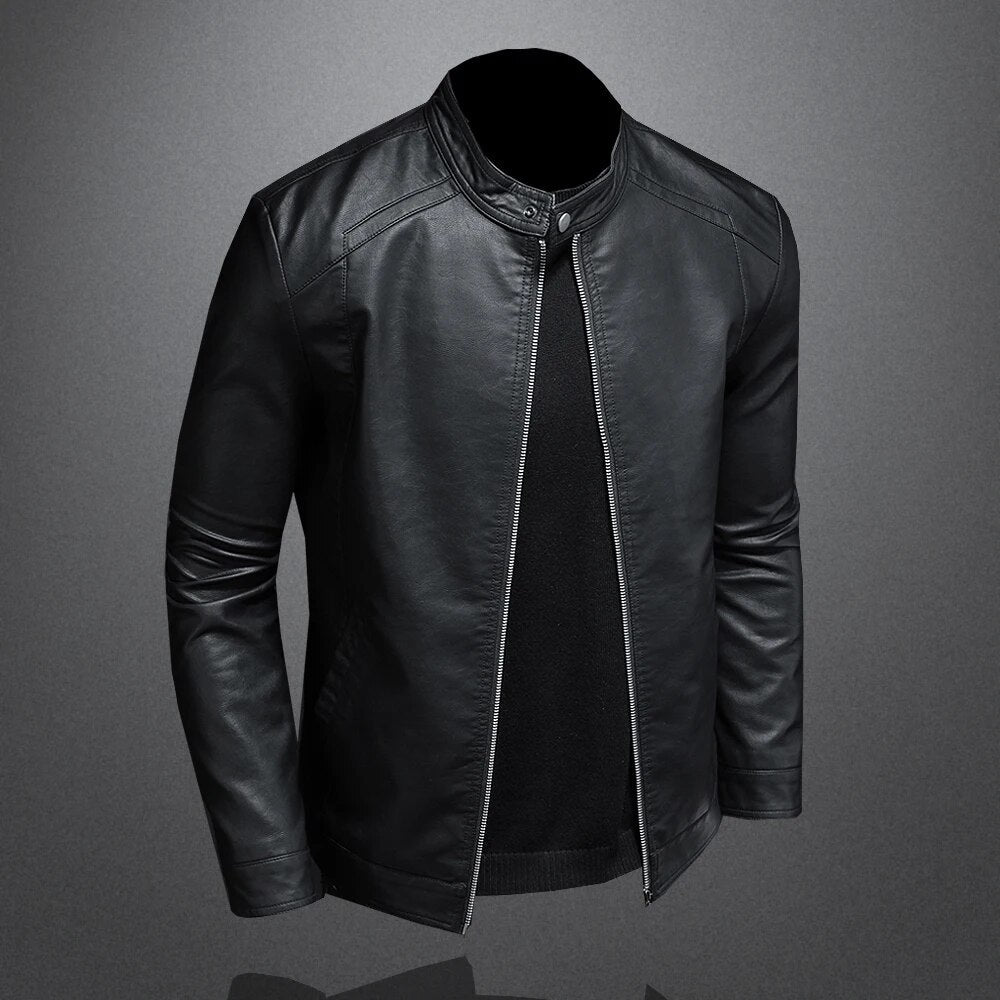 Classic Stand Collar Faux Leather Jacket for Men | Marco