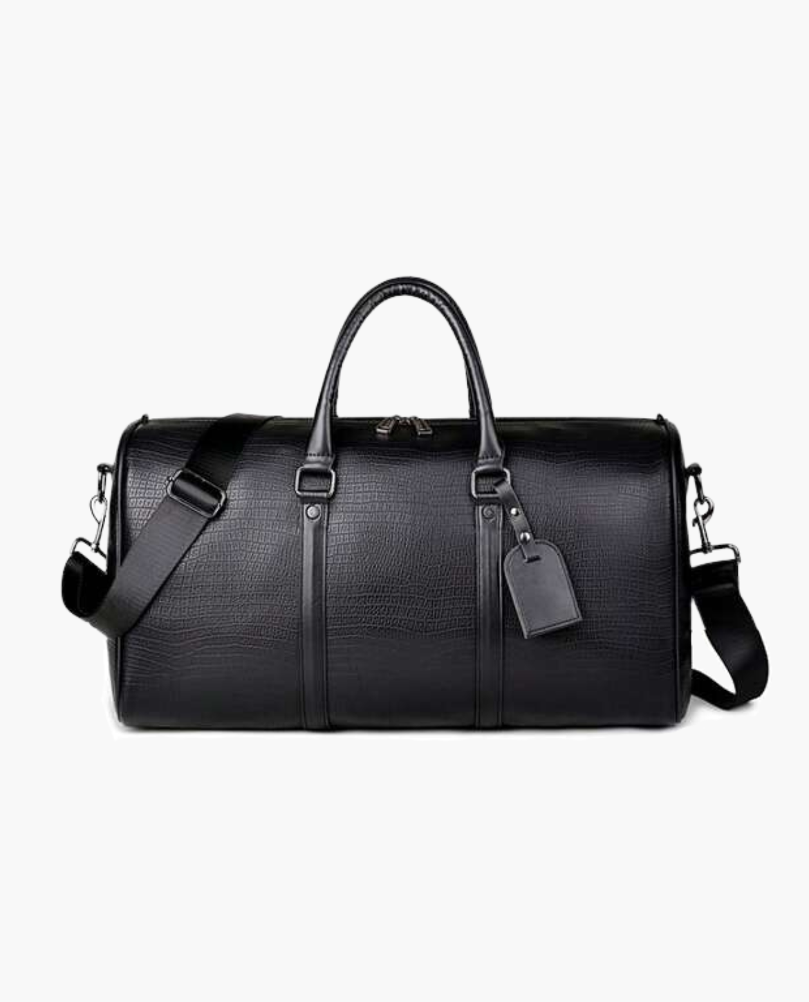 Black leather duffel bag on a white background