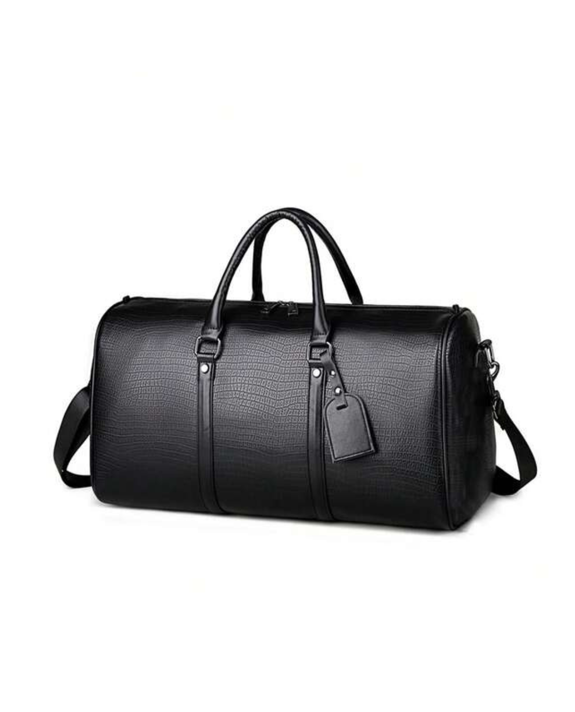 Black leather duffel bag on a white background