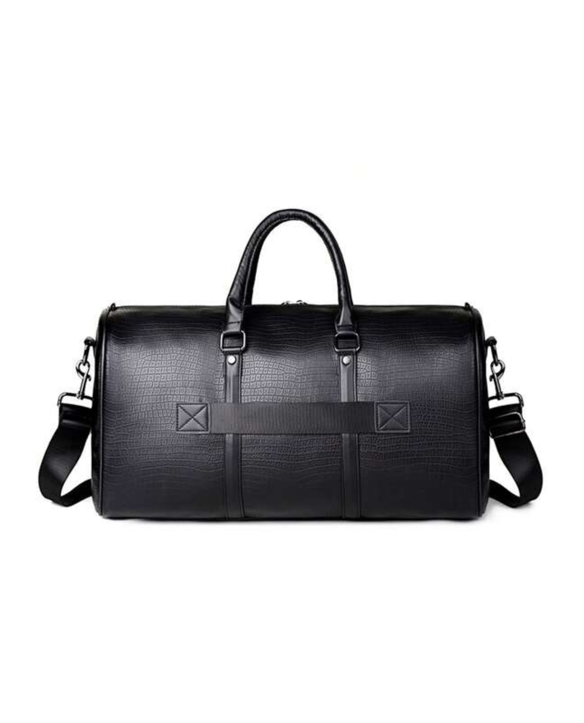 Black leather duffel bag on a white background
