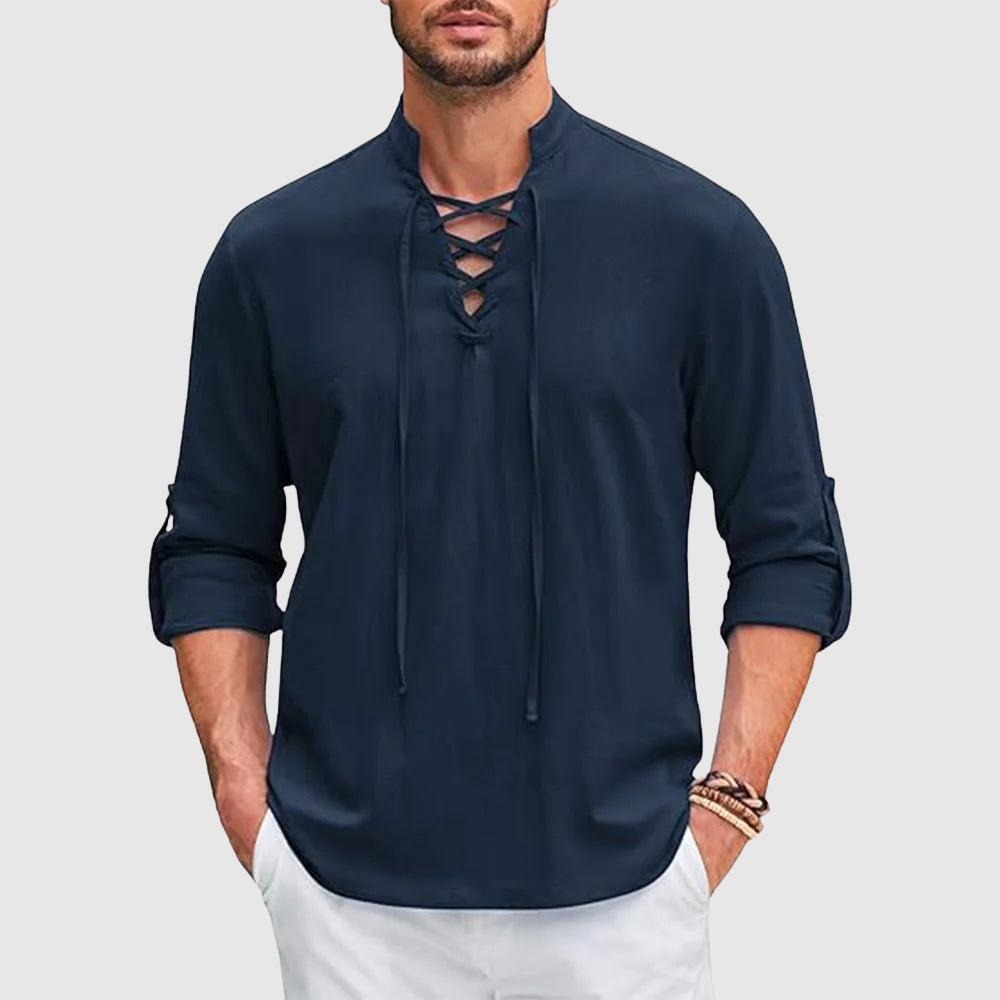 Lace-Up Collar Long Sleeve Casual Shirt for Men | Shaun
