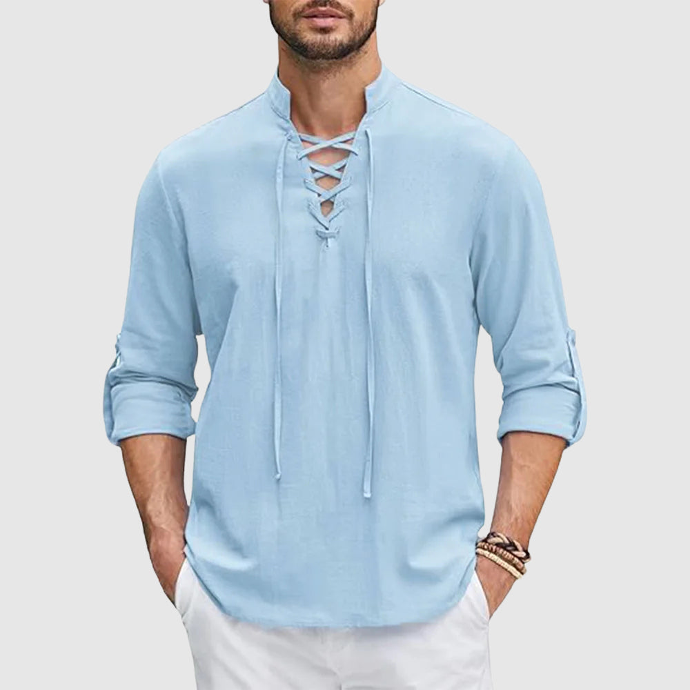 Lace-Up Collar Long Sleeve Casual Shirt for Men | Shaun