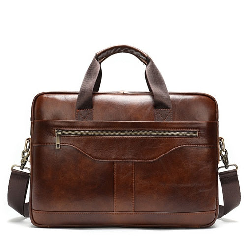 Brown leather briefcase with a shoulder strap on a white background