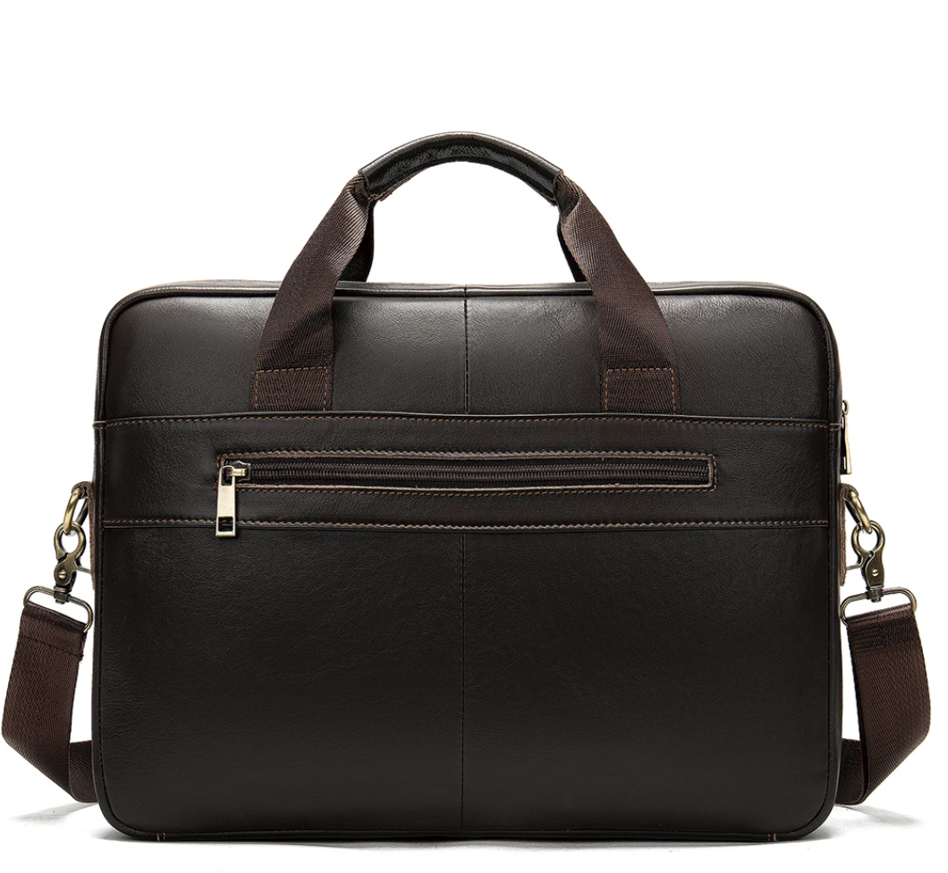 Black leather briefcase with shoulder strap on a white background