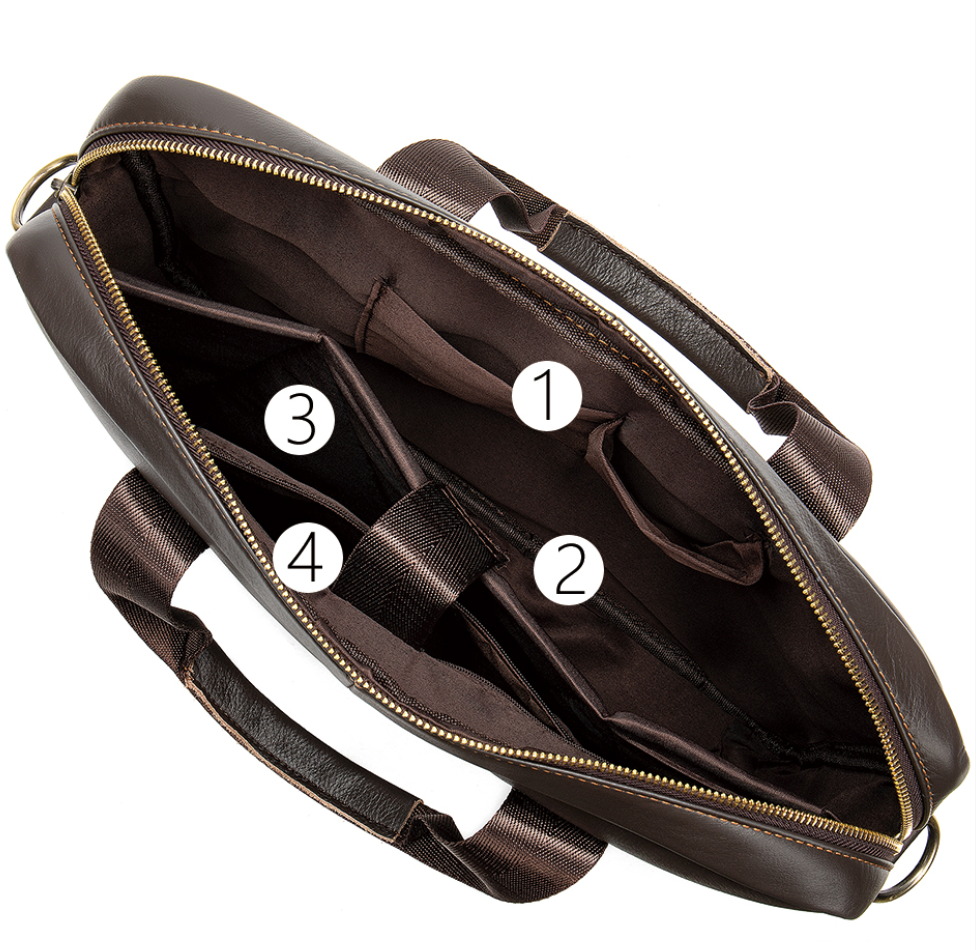 Brown leather bag with compartments labeled on a white background