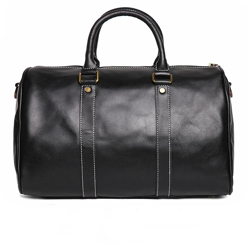 Black leather duffel bag on a white background