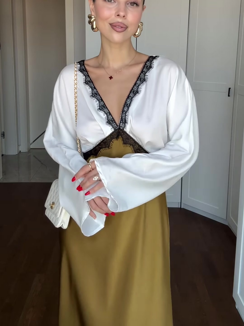 Luna | Lace Detail Deep V-Neck Midi Wedding Guest Dress 1