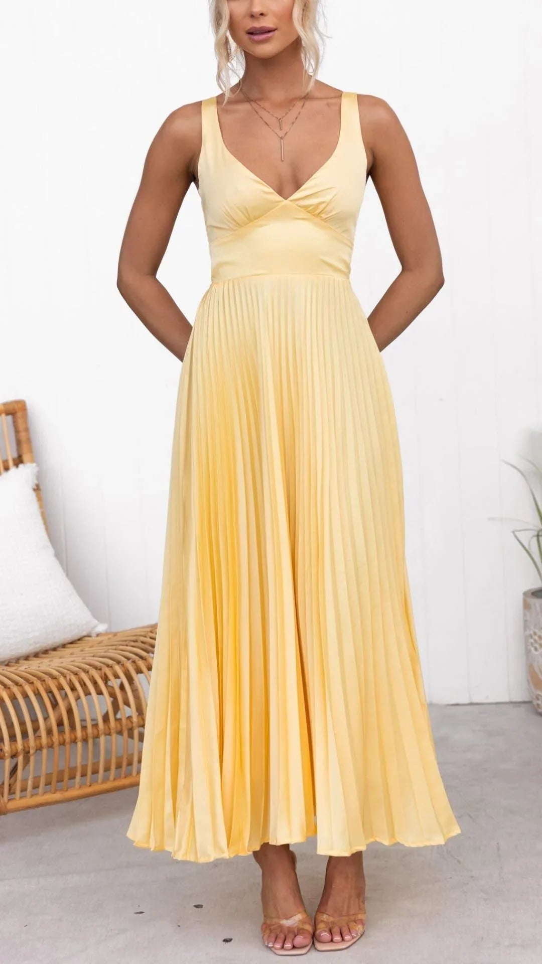 Maverick | Yellow Pleated V-Neck Maxi Dress 1