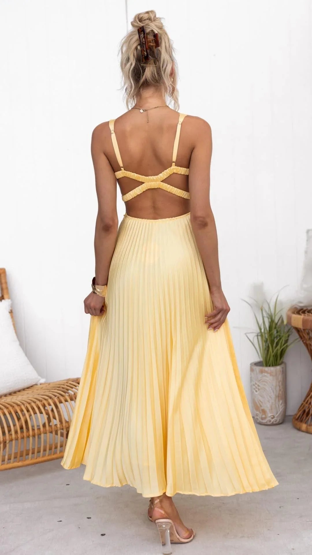 Maverick | Yellow Pleated V-Neck Maxi Dress 4