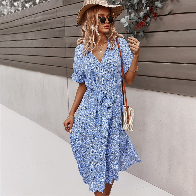Mira | Floral Print Midi Summer Dress 0