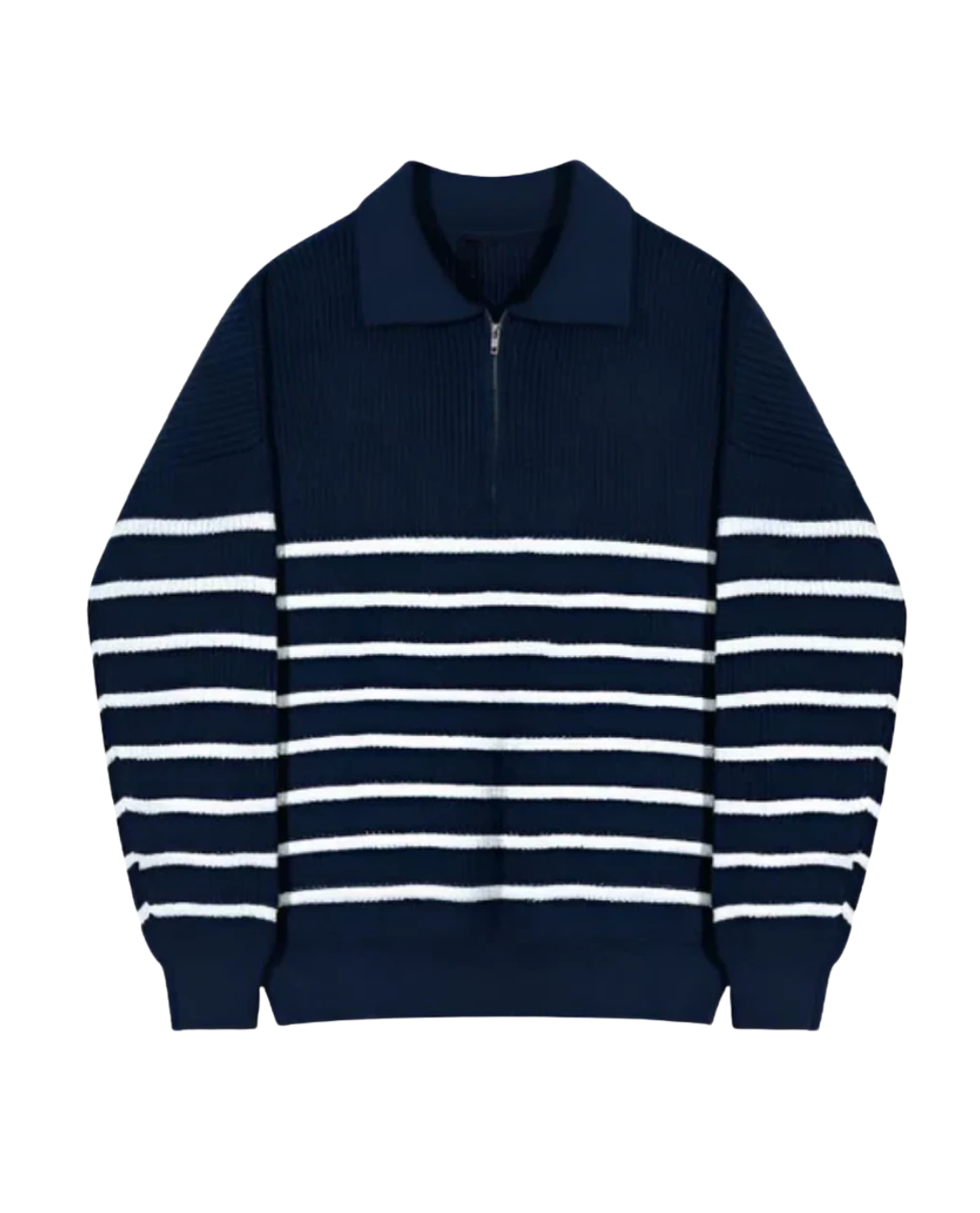 Navy and white striped sweater on a white background