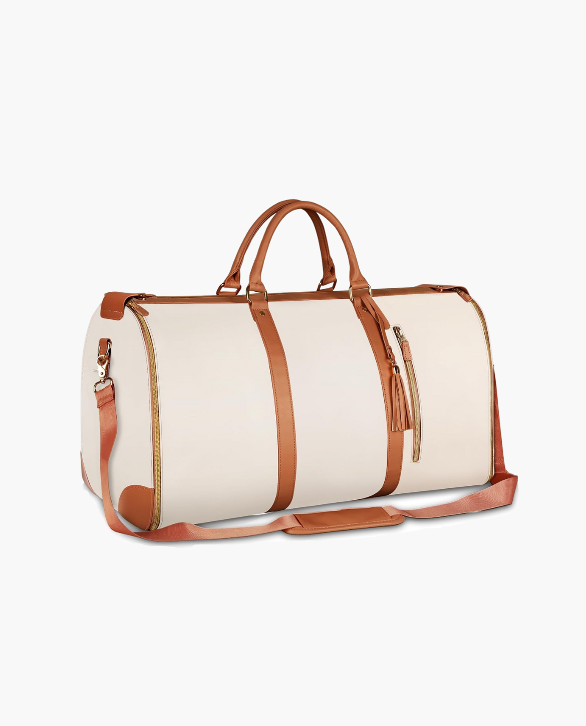 White duffel bag with brown leather straps on a white background