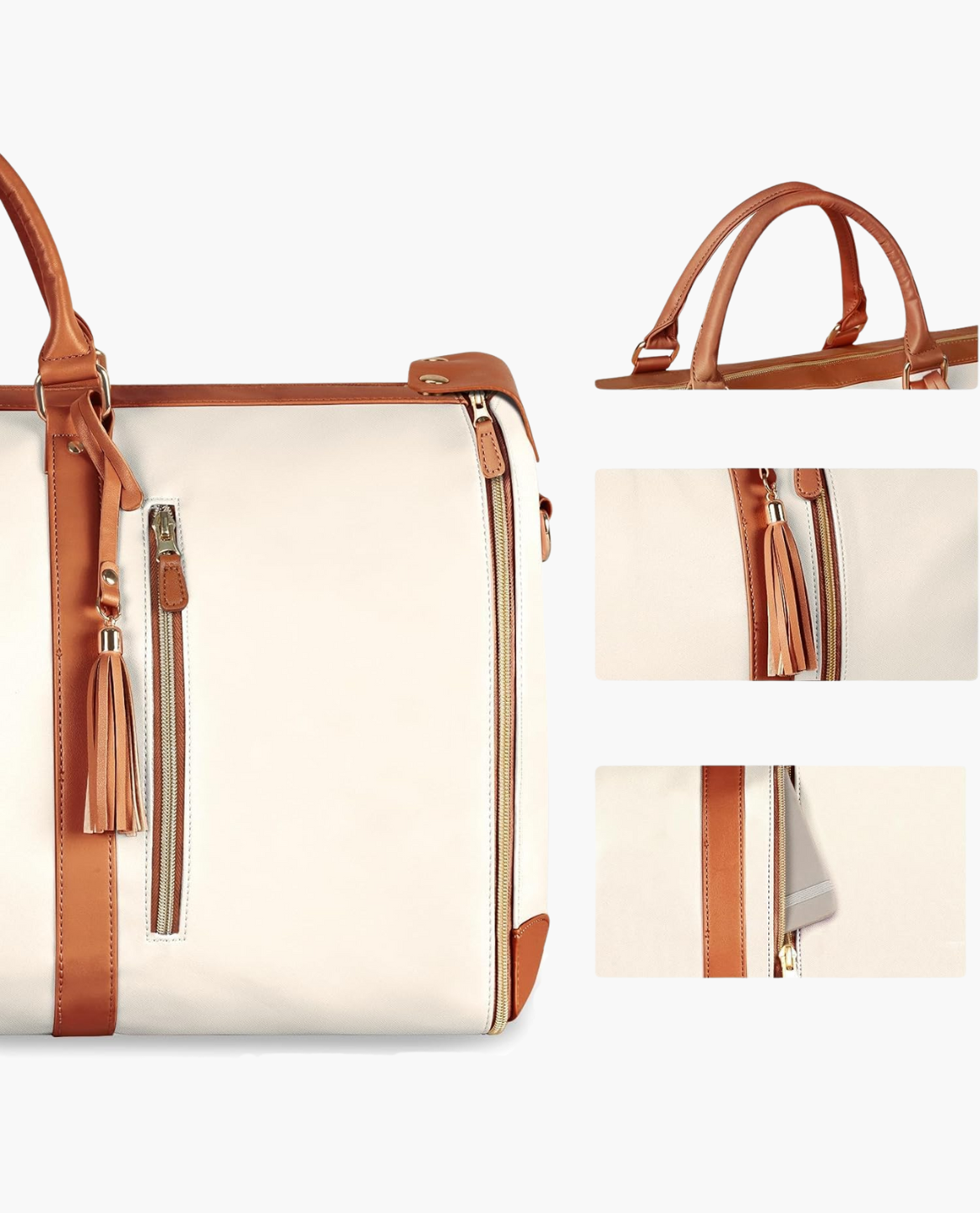 Beige handbag with brown leather straps and tassel on a white background