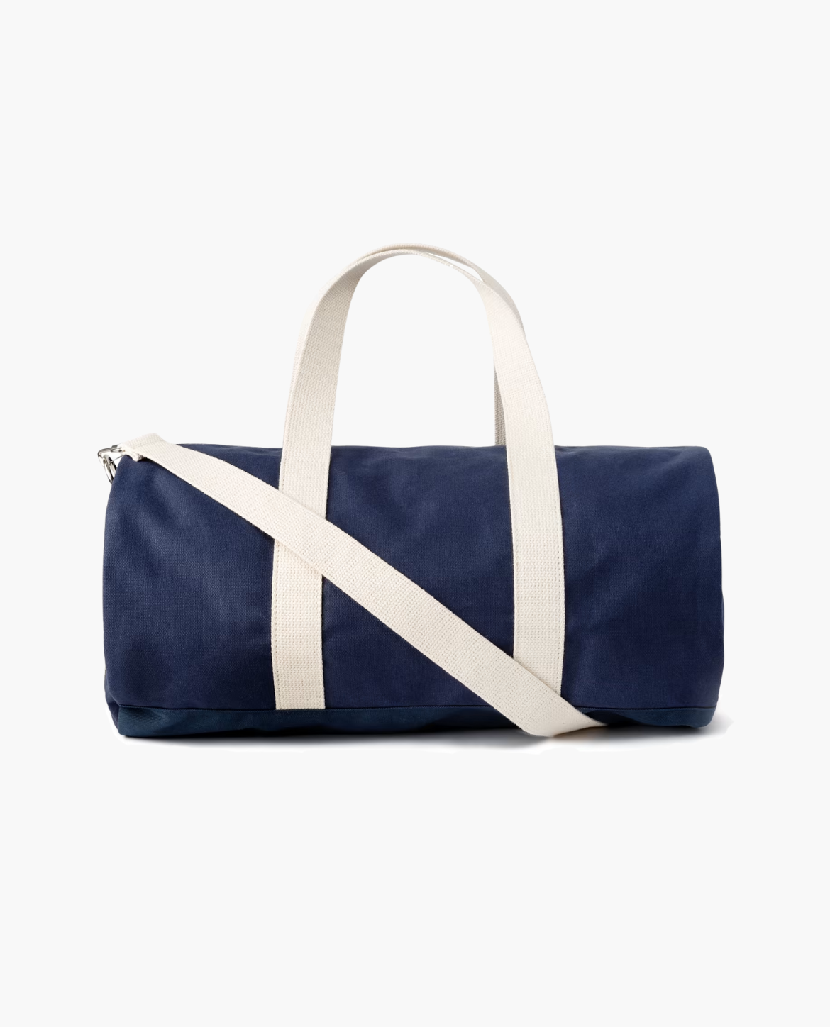 Navy duffel bag with white straps on a white background