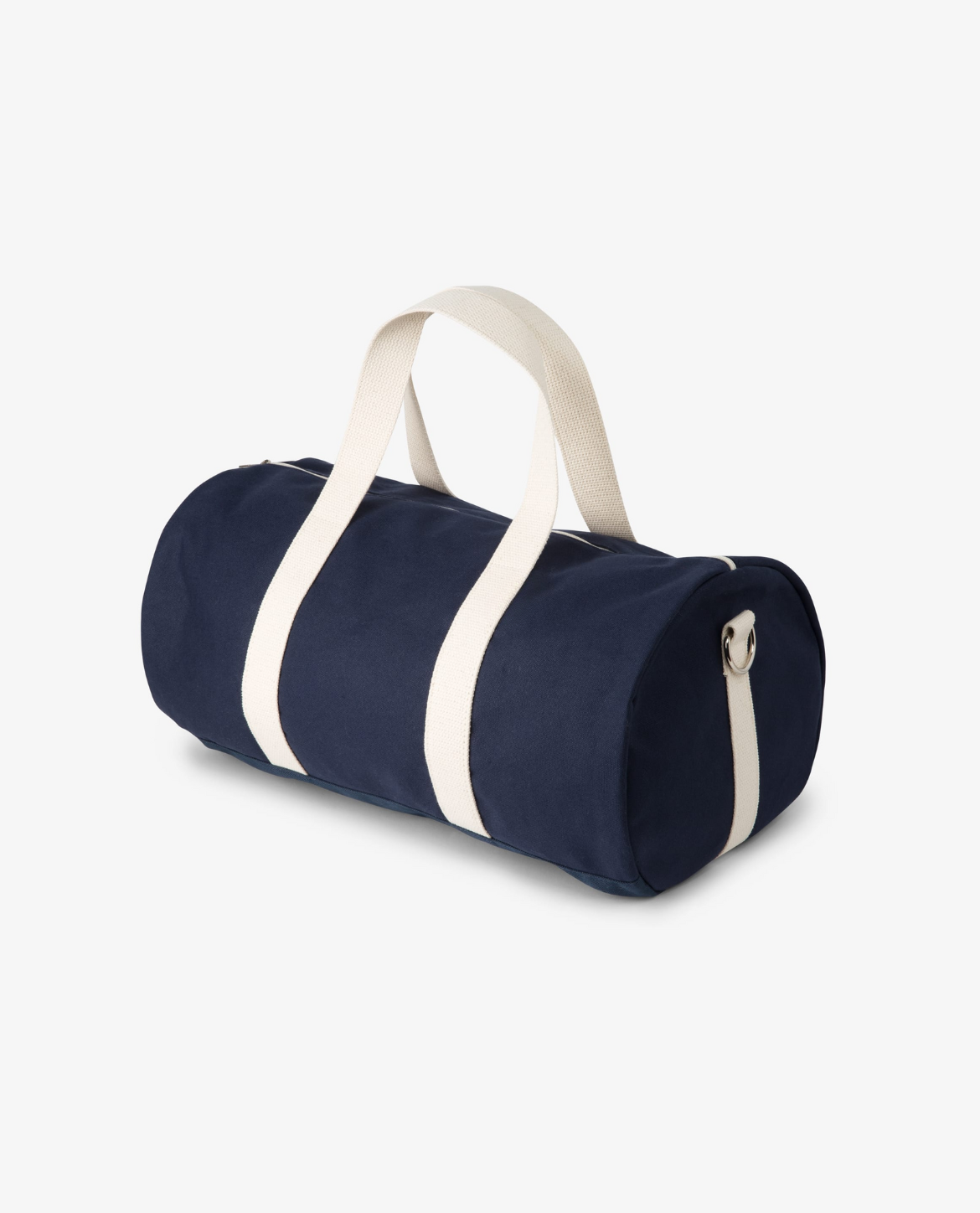Navy duffel bag with white straps on a light gray background