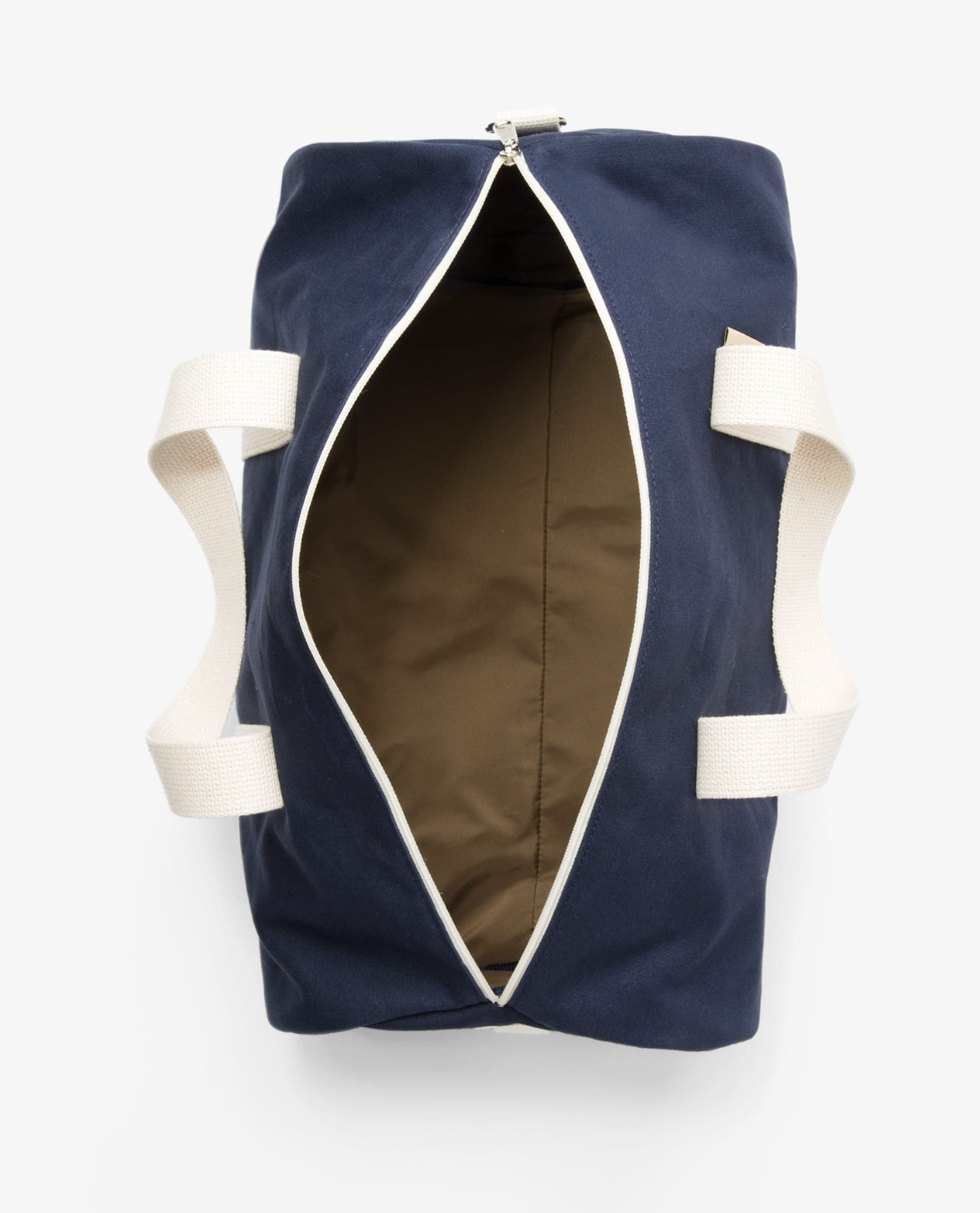 Navy blue bag with white straps on a white background