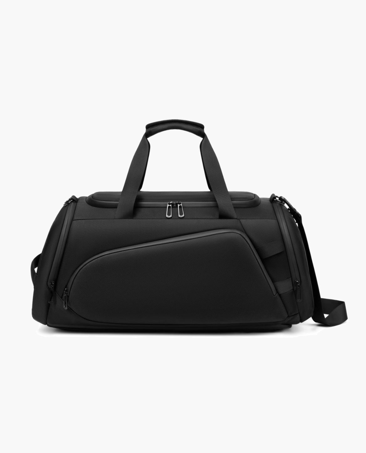 Black duffel bag on a white background