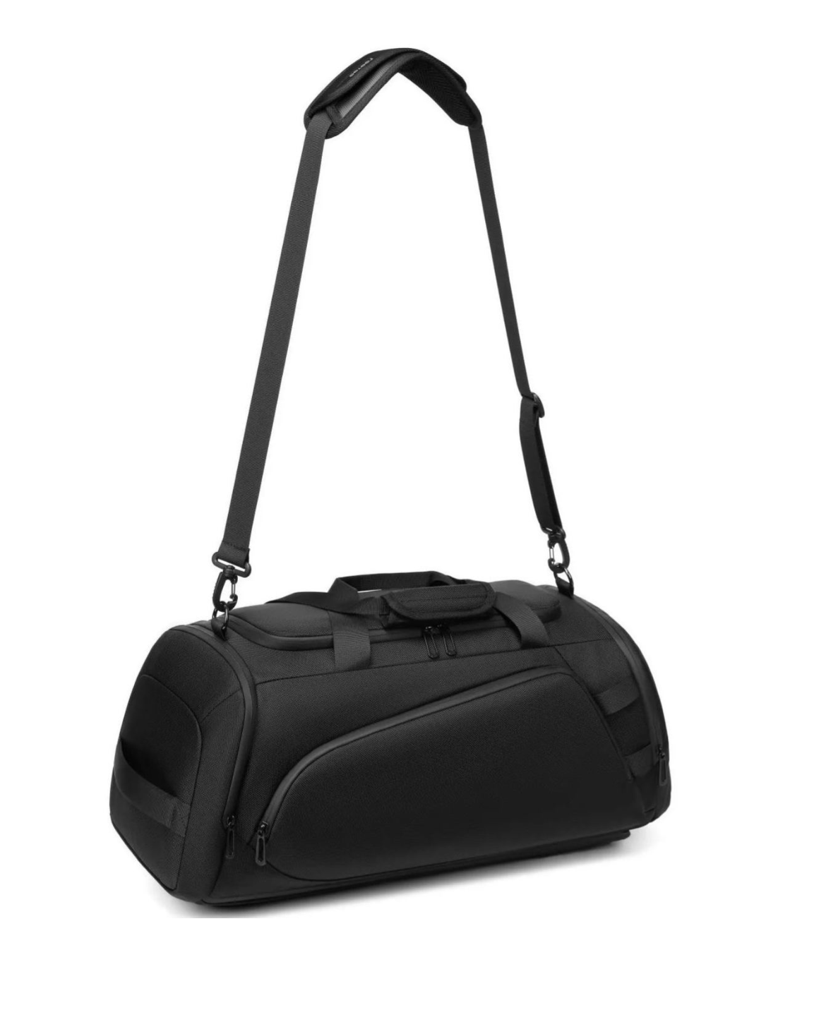 Black duffel bag with a shoulder strap on a white background