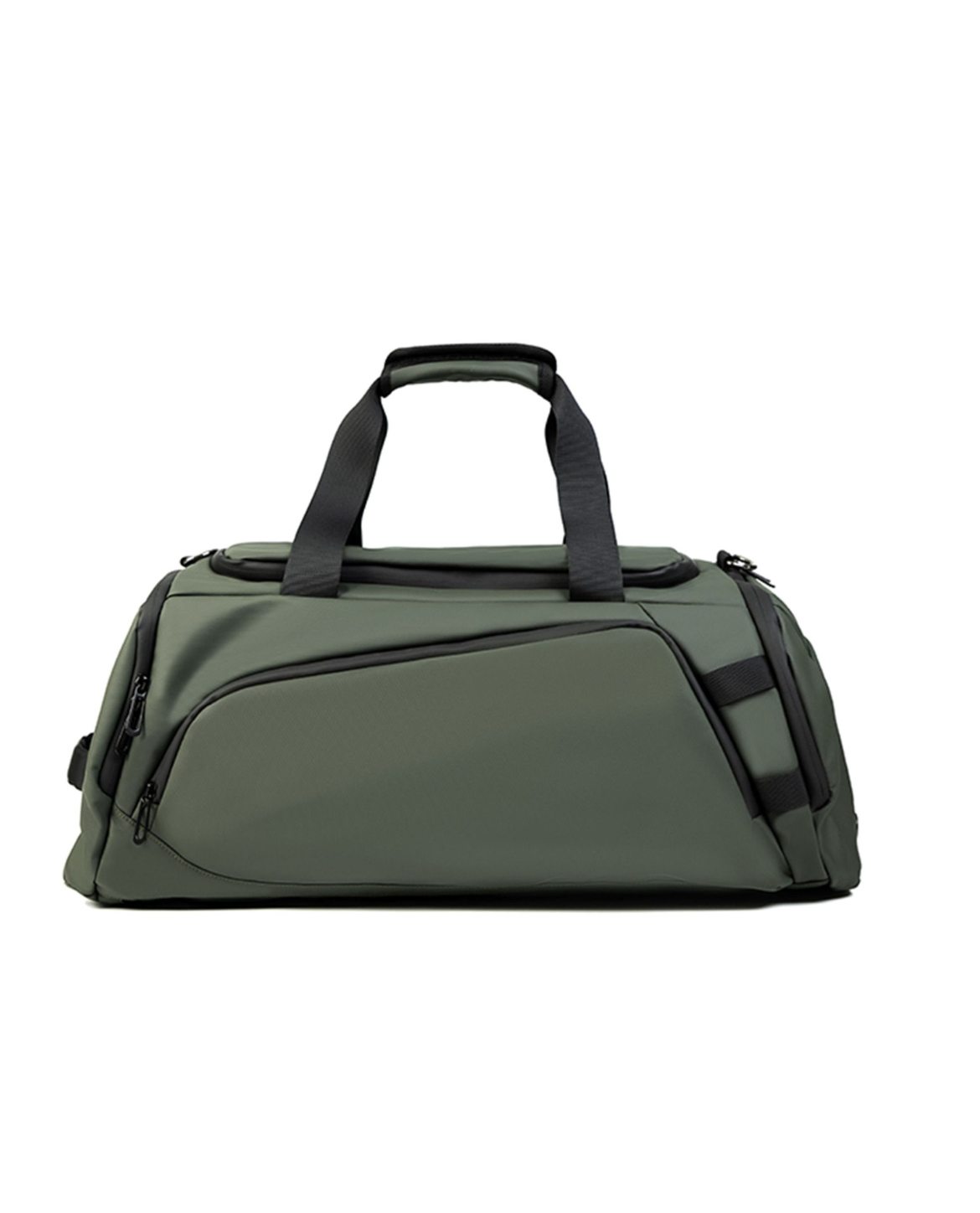 Green duffel bag with black straps on a white background