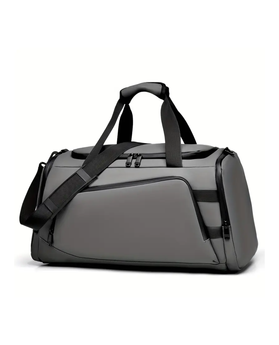 Gray duffel bag with black straps on a white background