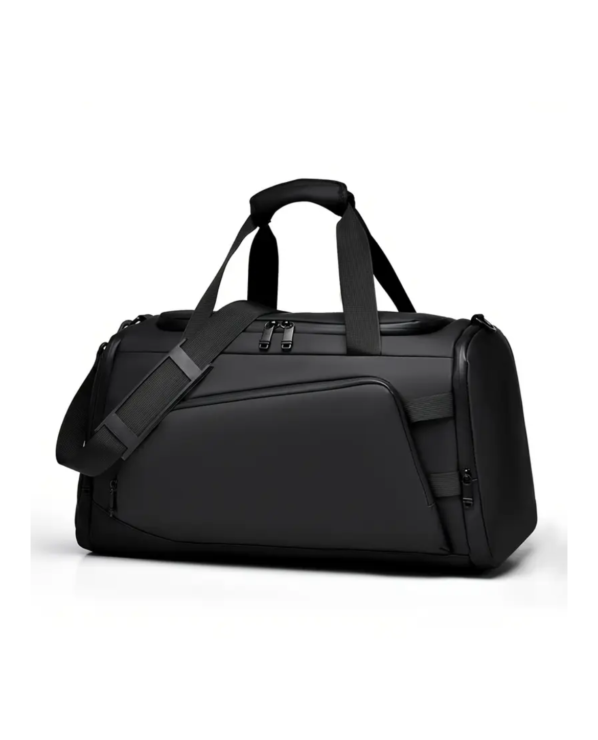 Black duffel bag on a white background