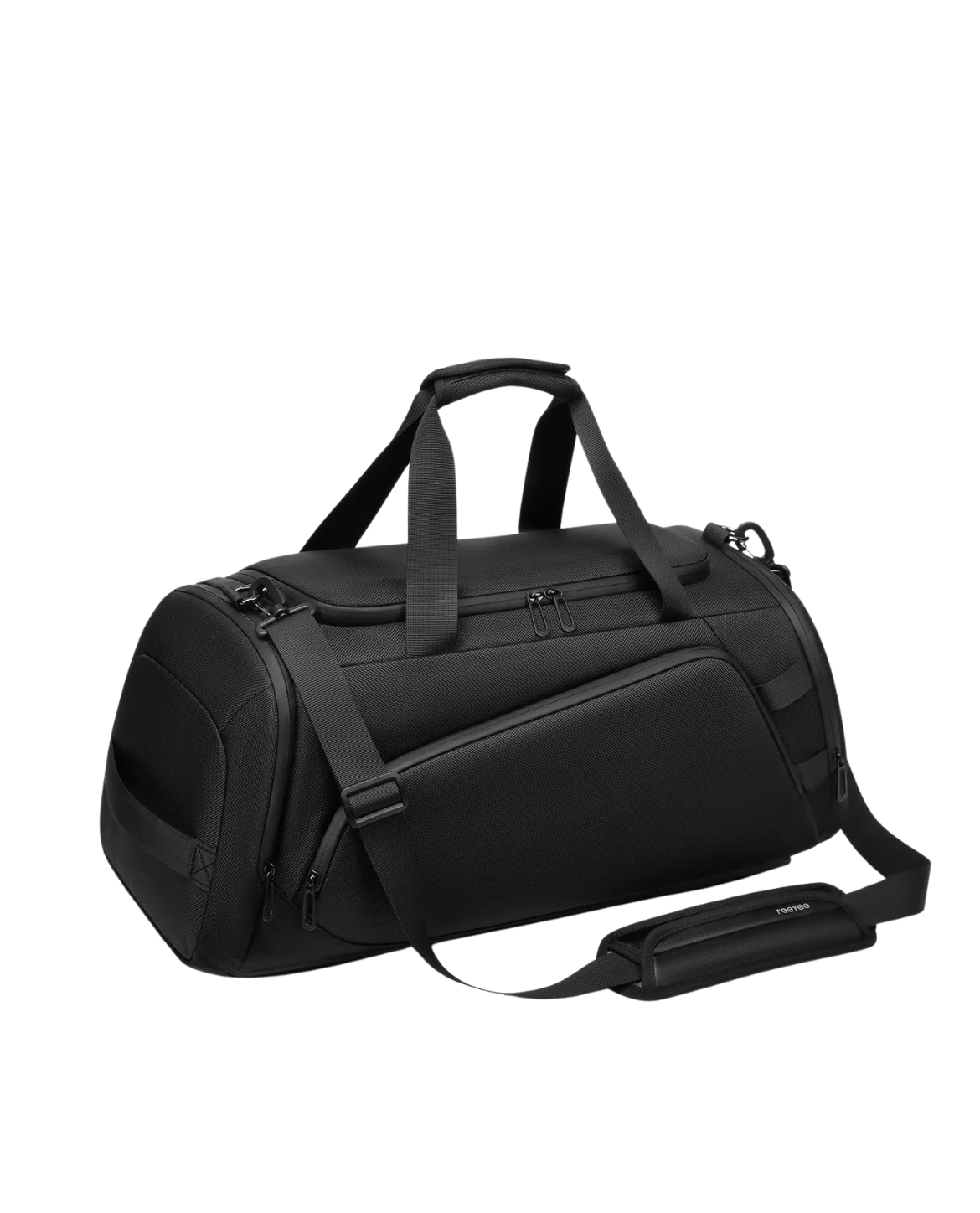 Black duffel bag with shoulder strap on a white background