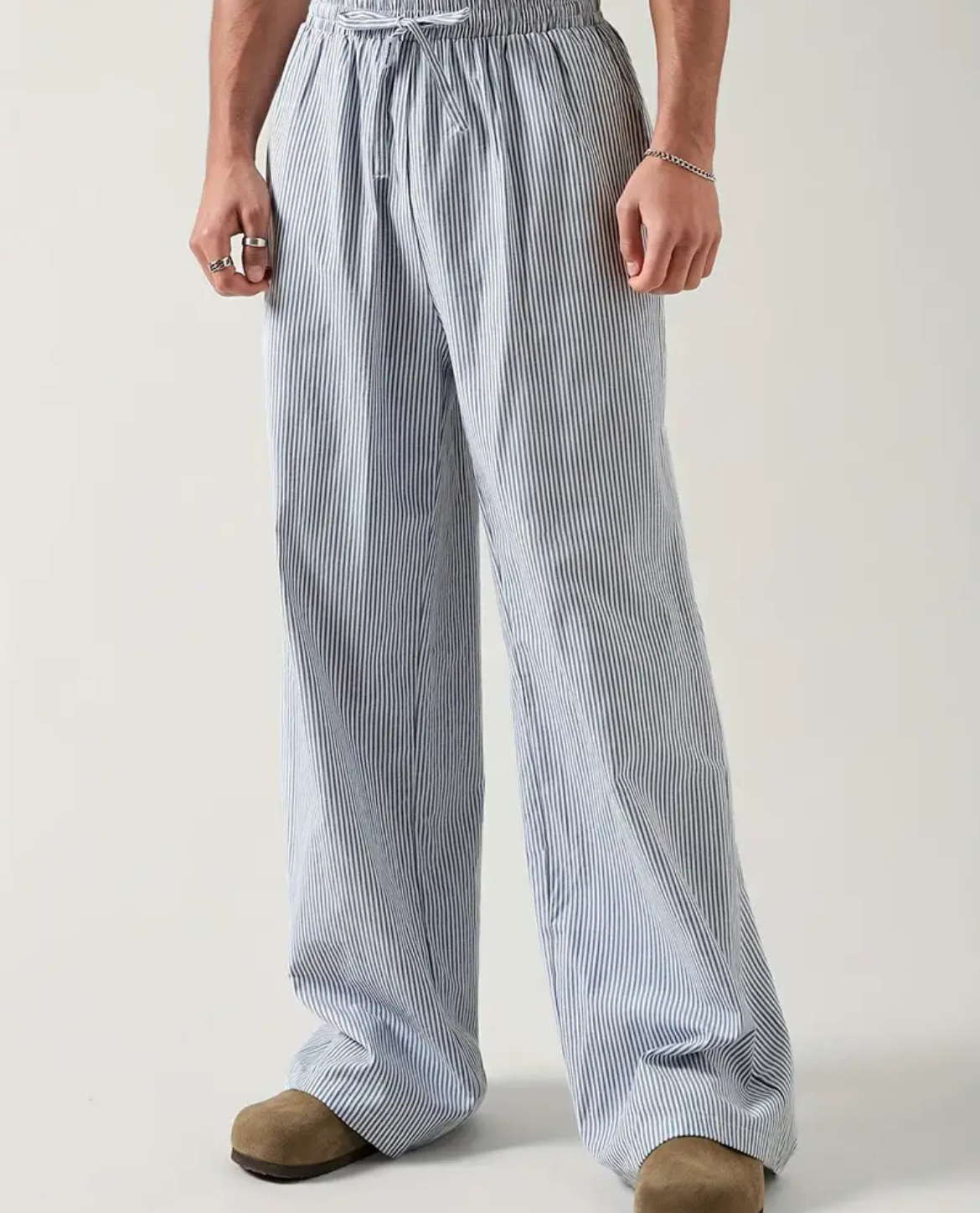 Wide Leg Striped Cotton Trousers for Men | Rivano