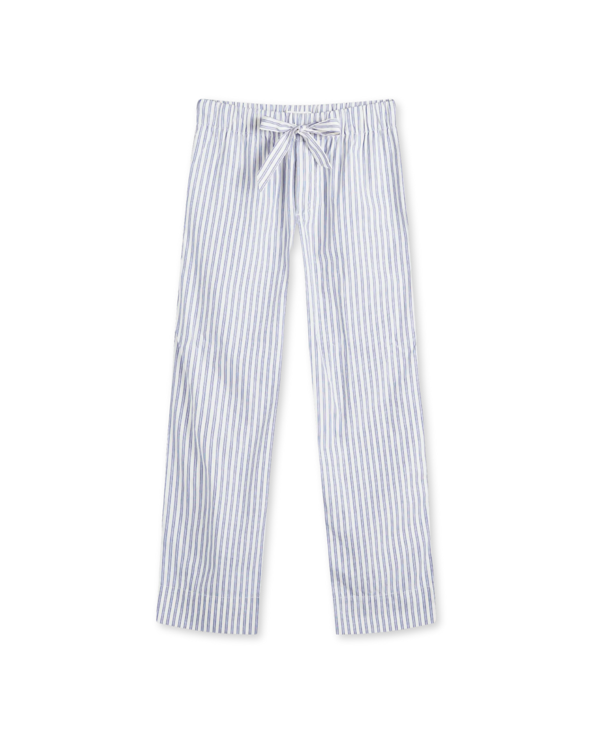 Striped pajama pants with a tie waist on a white background