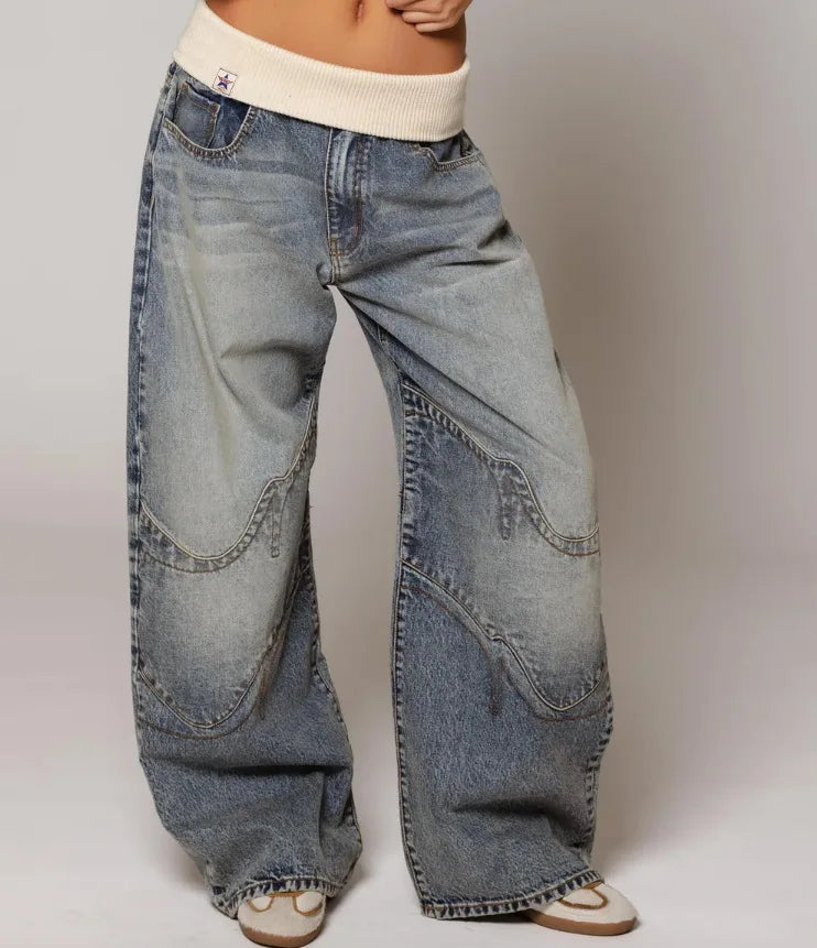 Yara | Baggy Wide Leg Jeans with Ribbed Waistband 0