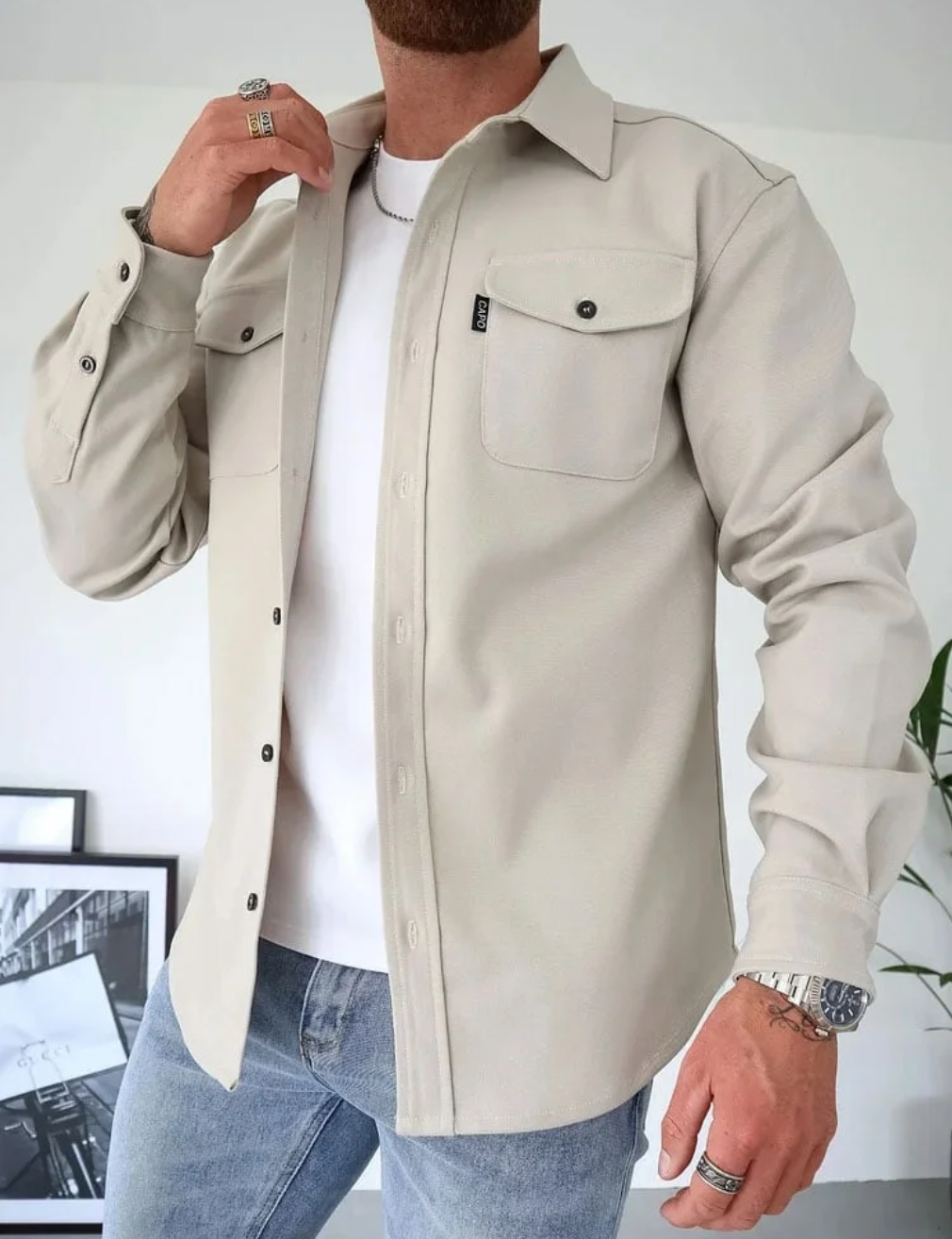 Casual Long-Sleeve Button-Up Shirt with Chest Pockets for Men | Theo