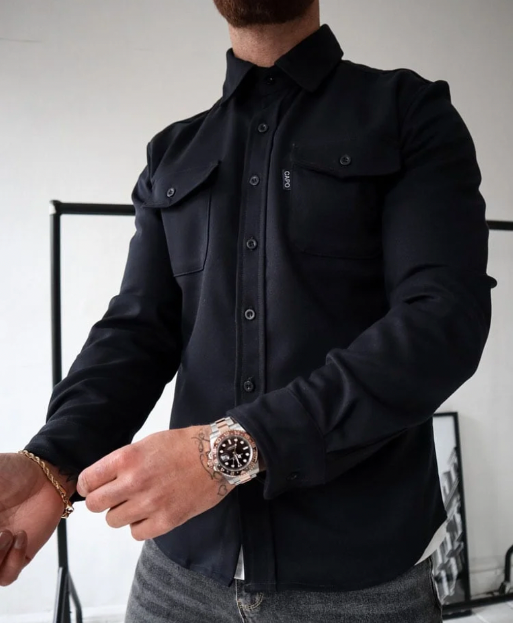 Casual Long-Sleeve Button-Up Shirt with Chest Pockets for Men | Theo