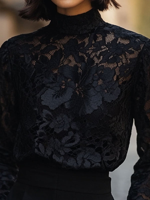 Fiora | High-Neck Floral Lace Long Sleeve Blouse 0