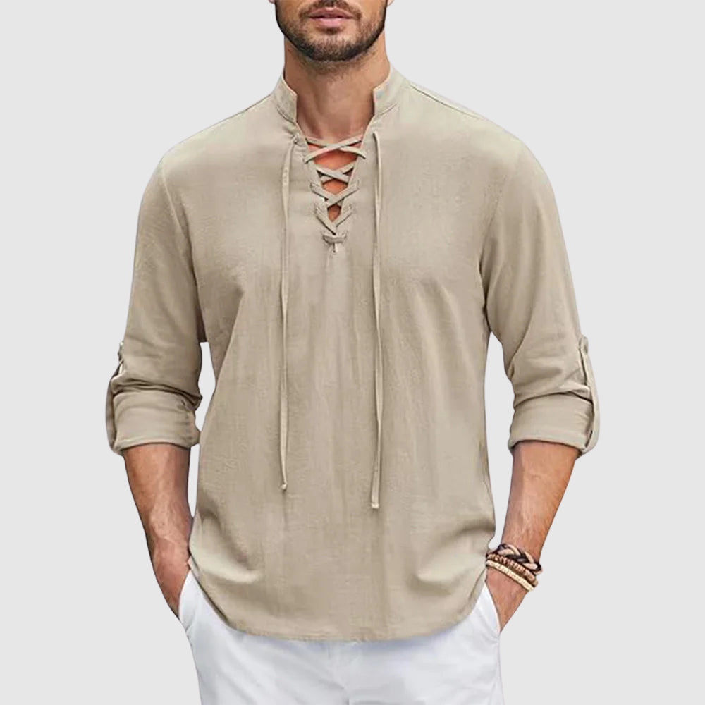 Lace-Up Collar Long Sleeve Casual Shirt for Men | Shaun
