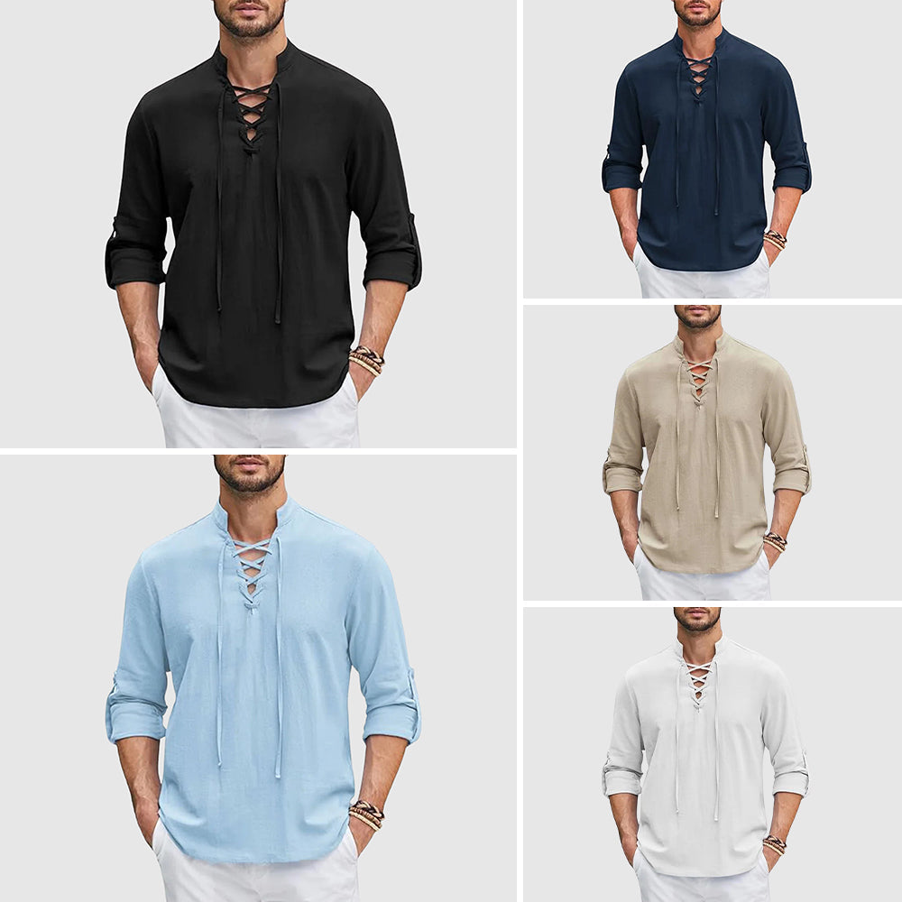 Lace-Up Collar Long Sleeve Casual Shirt for Men | Shaun