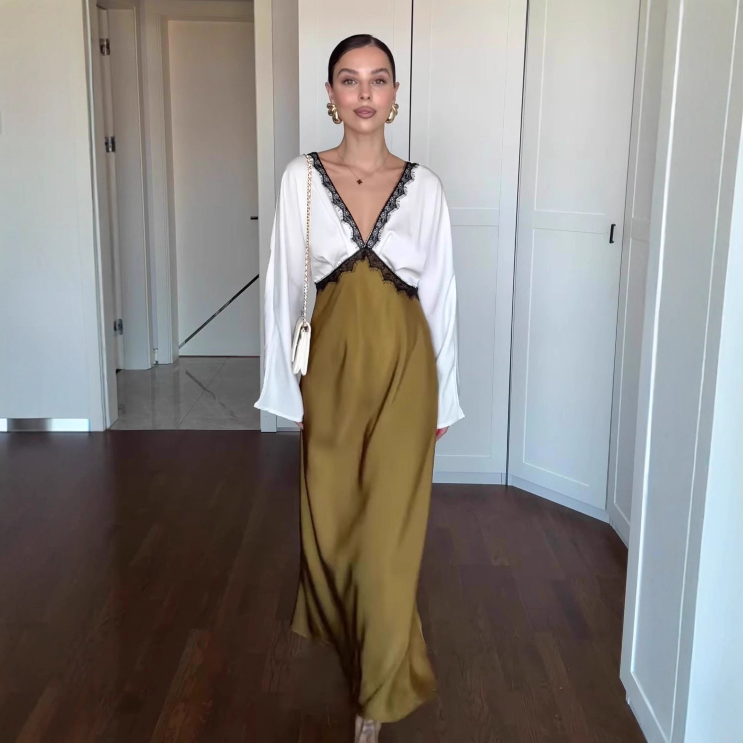 Luna | Lace Detail Deep V-Neck Midi Wedding Guest Dress 0