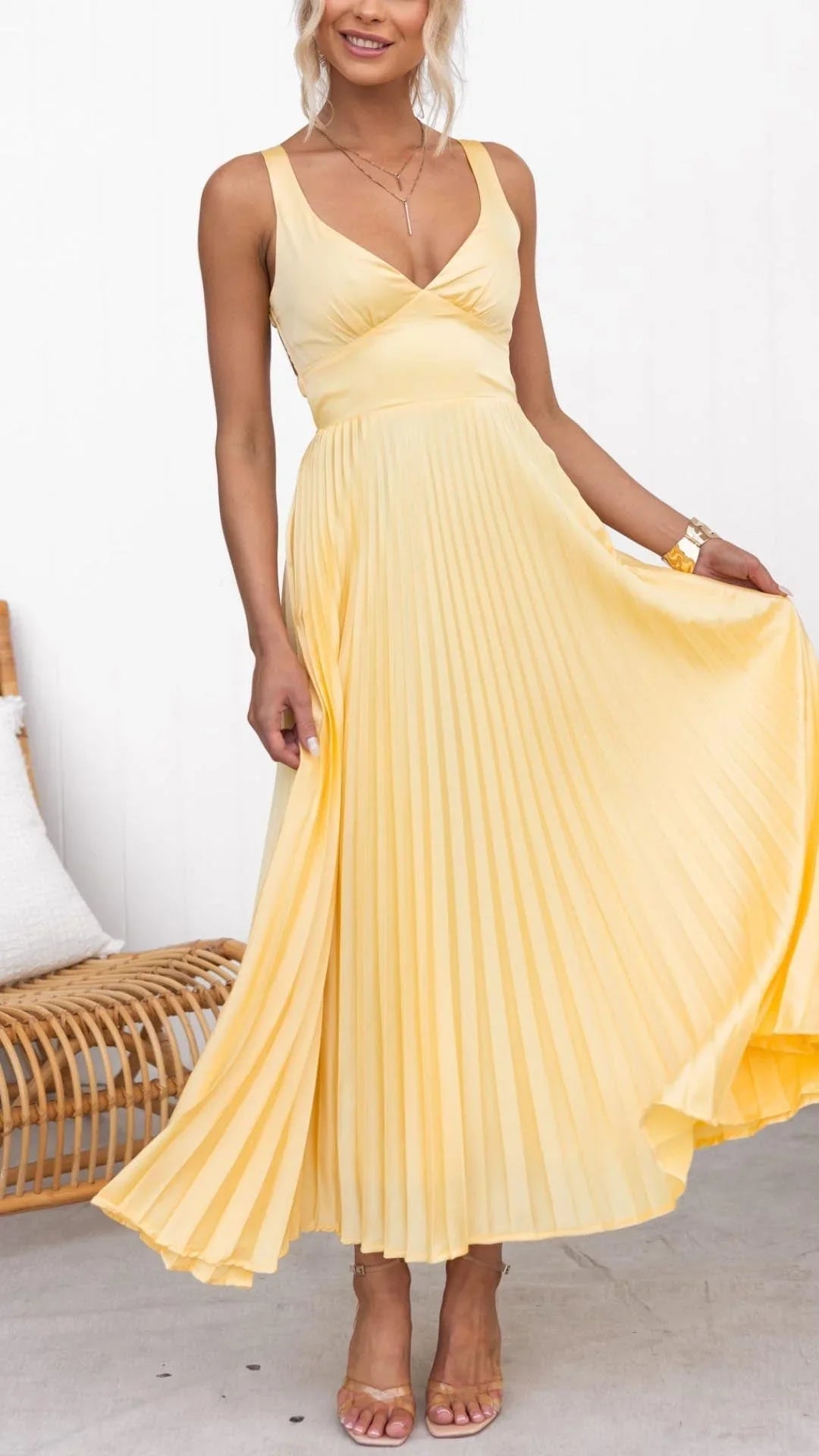 Maverick | Yellow Pleated V-Neck Maxi Dress 0