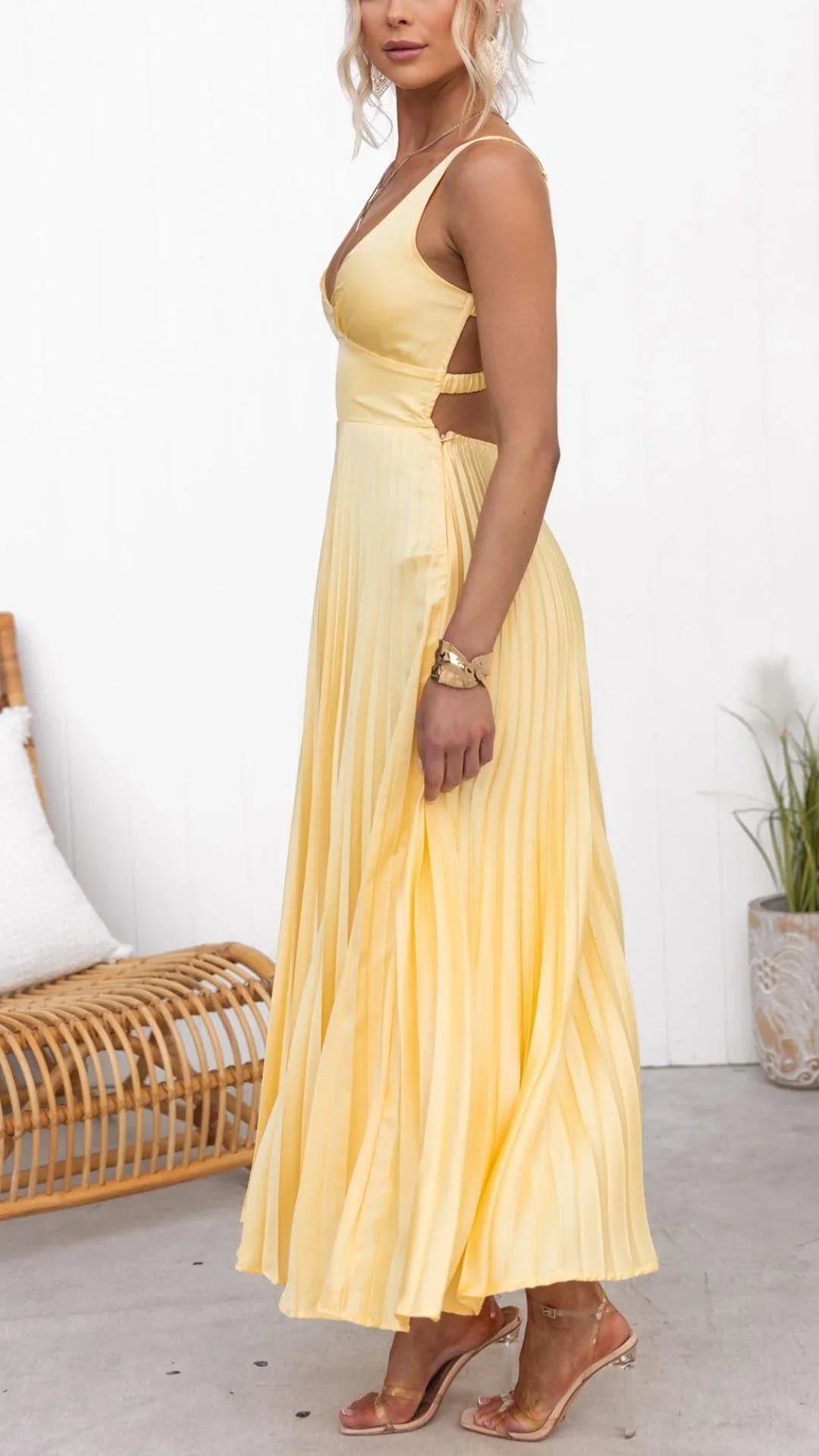 Maverick | Yellow Pleated V-Neck Maxi Dress 2
