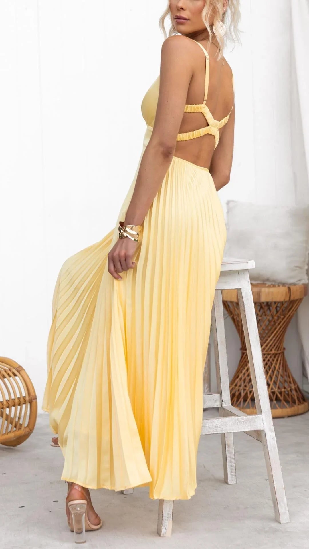 Maverick | Yellow Pleated V-Neck Maxi Dress 3
