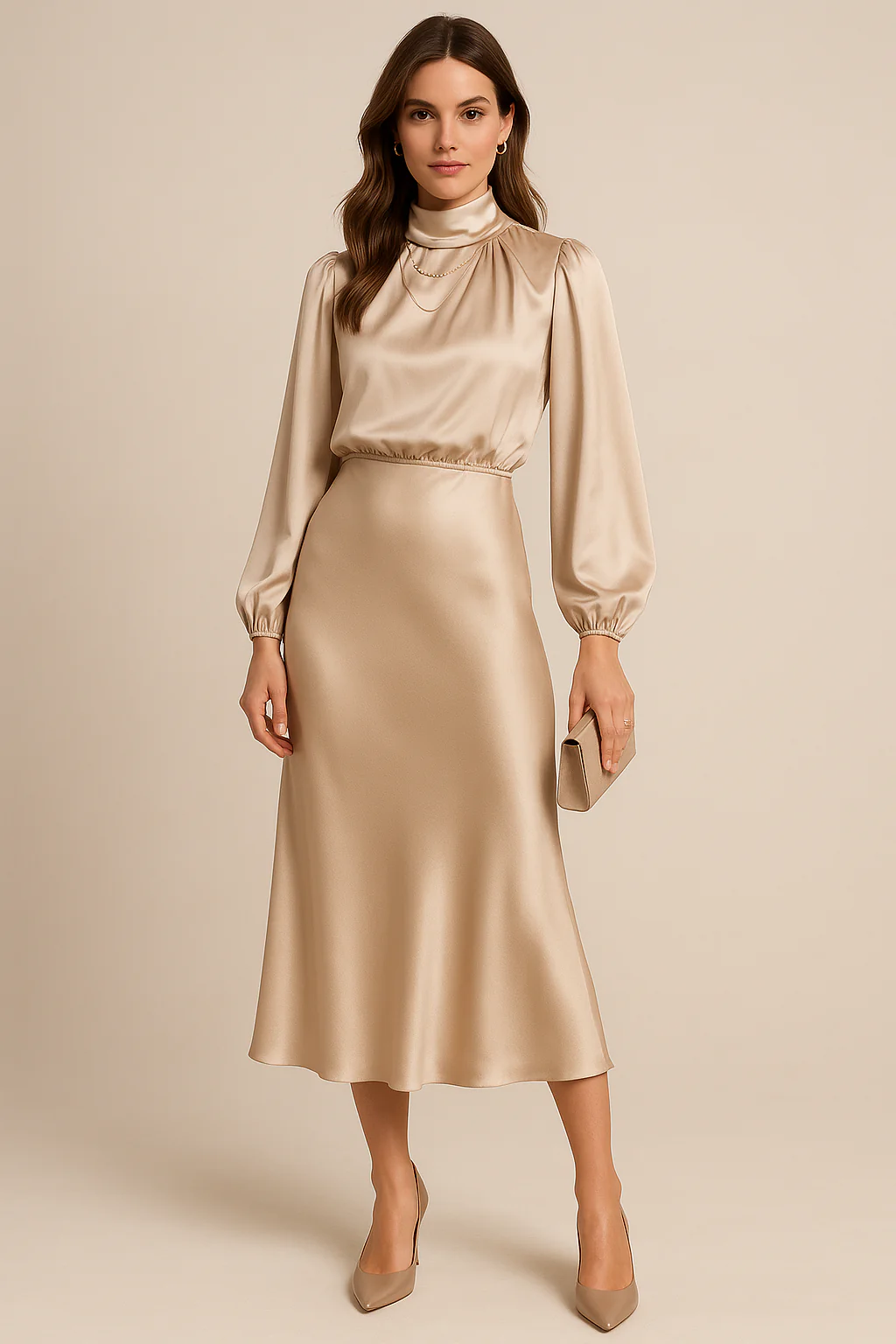 Sera | Satin High-Neck Midi Wedding Guest Dress 0