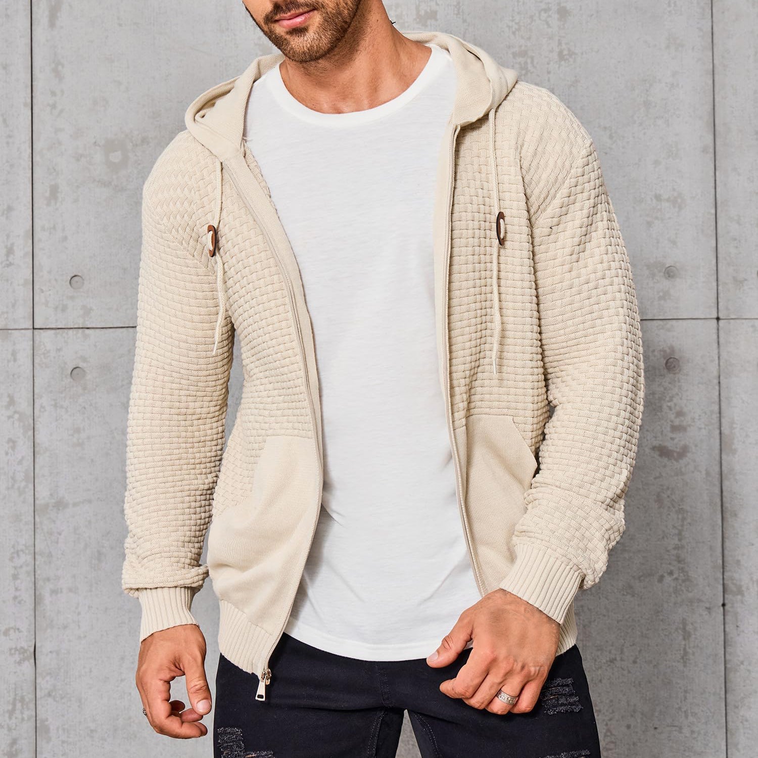 Textured Knit Zip-Up Hoodie for Men | Alexis