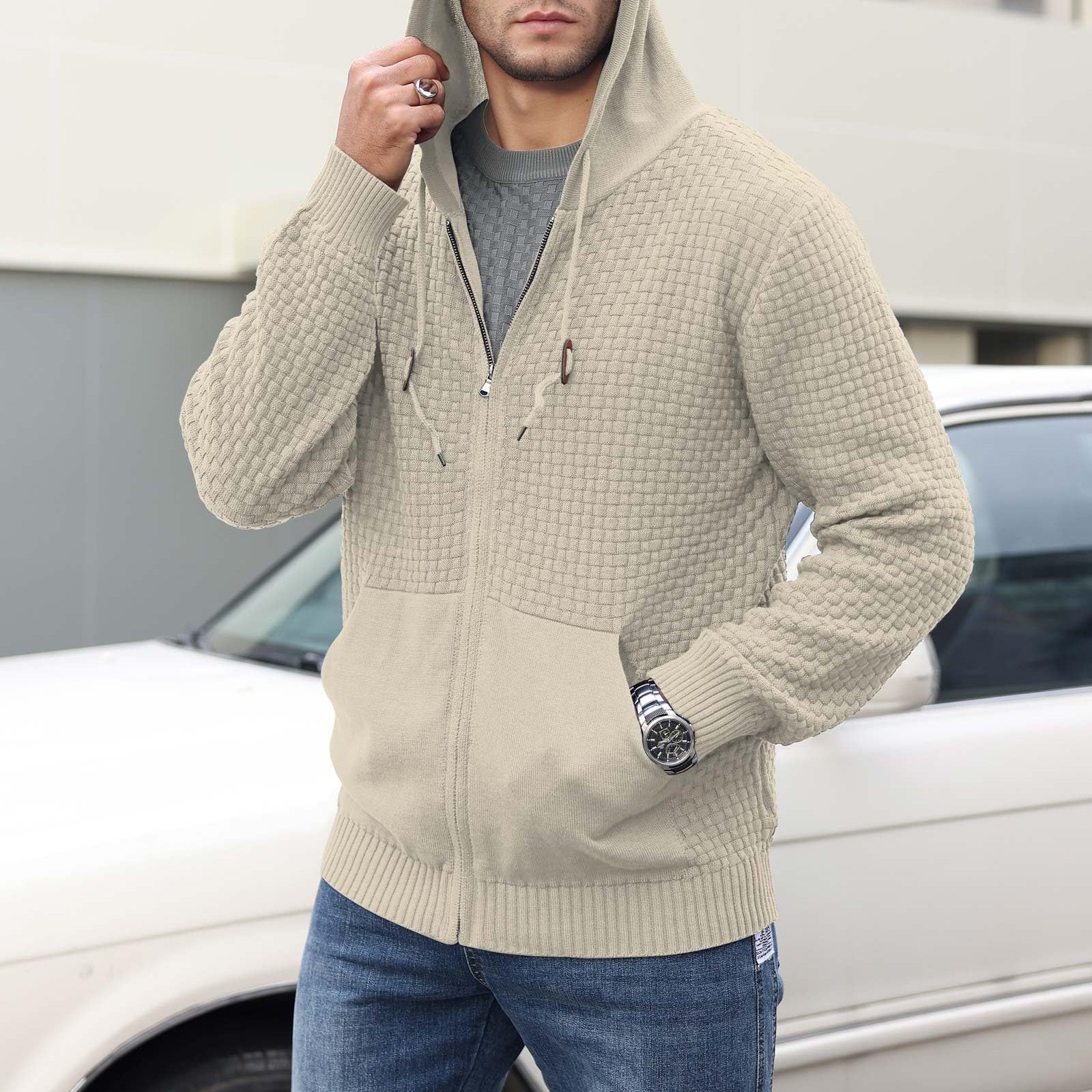 Textured Knit Zip-Up Hoodie for Men | Alexis