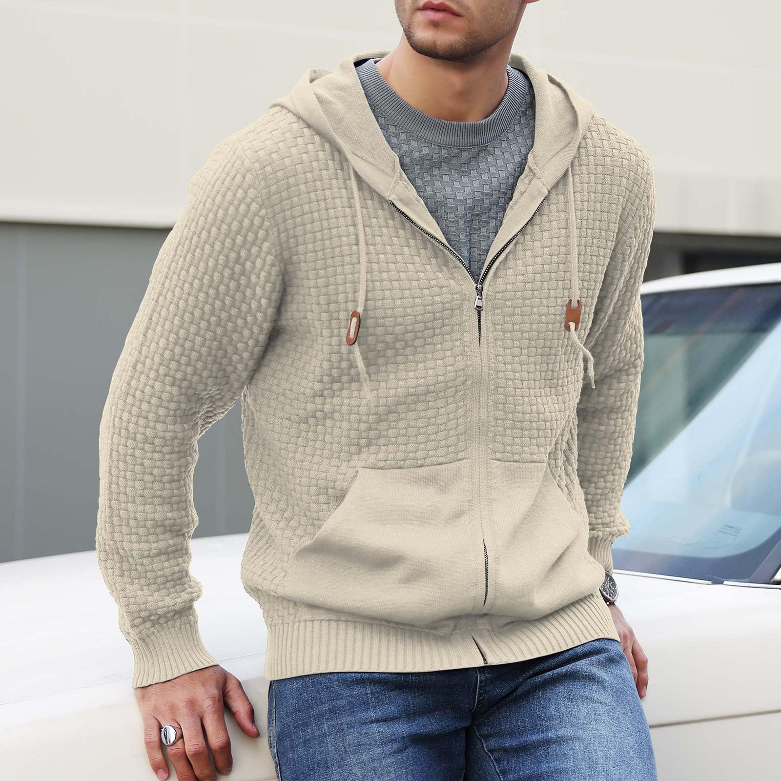 Textured Knit Zip-Up Hoodie for Men | Alexis